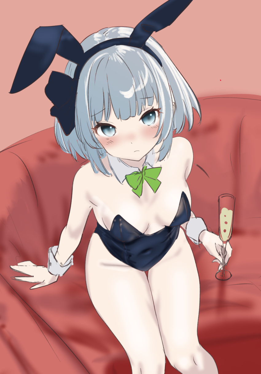 animal_ears bare_legs black_leotard bow bowtie breasts champagne_flute commentary_request couch cup detached_collar drinking_glass fake_animal_ears feet_out_of_frame female green_bow green_bowtie grey_eyes grey_hair highres konpaku_youmu leotard playboy_bunny rabbit_ears rabbit_tail short_hair sitting small_breasts soara_shimomo solo strapless strapless_leotard tail touhou wrist_cuffs