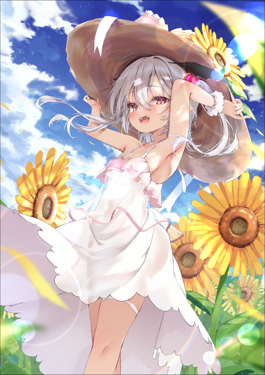 :d absurdres armpits arms_up bare_shoulders blue_sky blush breasts cloud commentary_request dress fangs feet_out_of_frame female field flower flower_field frilled_dress frills from_below hair_between_eyes hair_ornament hakuou_lilia hands_on_headwear hat hat_flower heart heart_hair_ornament highres indie_virtual_youtuber lens_flare looking_at_viewer nyahu_(nyahu_77) open_mouth outdoors red_eyes scrunchie see-through_clothes see-through_dress see-through_silhouette short_hair sky sleeveless sleeveless_dress small_breasts smile solo spaghetti_strap standing sun_hat sundress sunflower sunflower_field thigh_strap three_quarter_view twintails virtual_youtuber white_dress white_hair white_scrunchie wrist_scrunchie