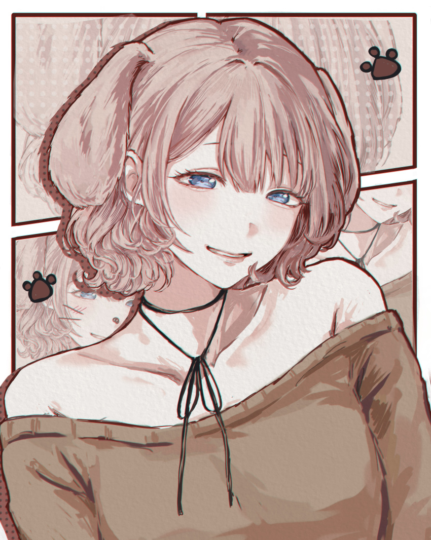 absurdres animal_ears bare_shoulders blue_eyes border brown_hair brown_sweater choker collarbone dog_ears female highres looking_at_viewer mochizuki_honami neck_ribbon off-shoulder_sweater off_shoulder open_mouth project_sekai ribbon short_hair smile solo sweater upper_body zeoksang zoom_layer