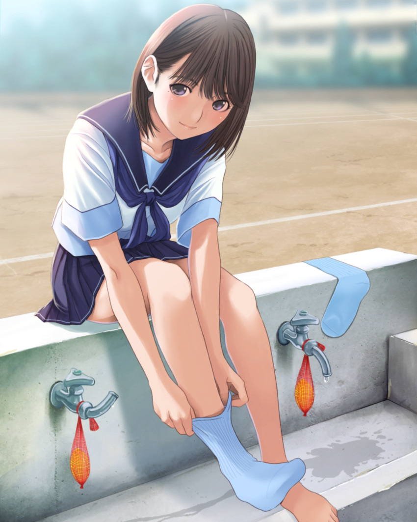 anegasaki_nene barefoot blue_neckerchief blue_sailor_collar blue_skirt blurry blurry_background blush brown_hair depth_of_field dirt dressing faucet female highres leaning_forward looking_at_viewer love_plus medium_hair mole mole_under_eye nature neckerchief official_art on_ground outdoors pink_lips pleated_skirt purple_eyes sailor_collar school school_uniform serafuku shadow short_sleeves sitting skirt soap socks solo water white_socks