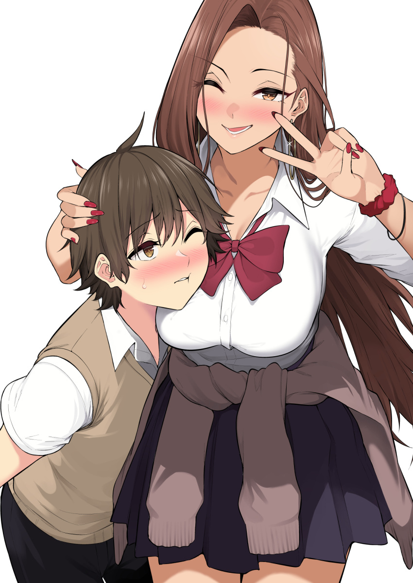 1boy blush breasts brown_eyes brown_hair earrings female hamazaki_risa hand_on_another's_head head_on_chest highres imaizumi_(imaizumin-chi) imaizumin-chi_wa_douyara_gal_no_tamariba_ni_natteru_rashii jewelry large_breasts long_hair looking_at_viewer nori_gorou one_eye_closed open_mouth red_nails school_uniform skirt teeth tongue v