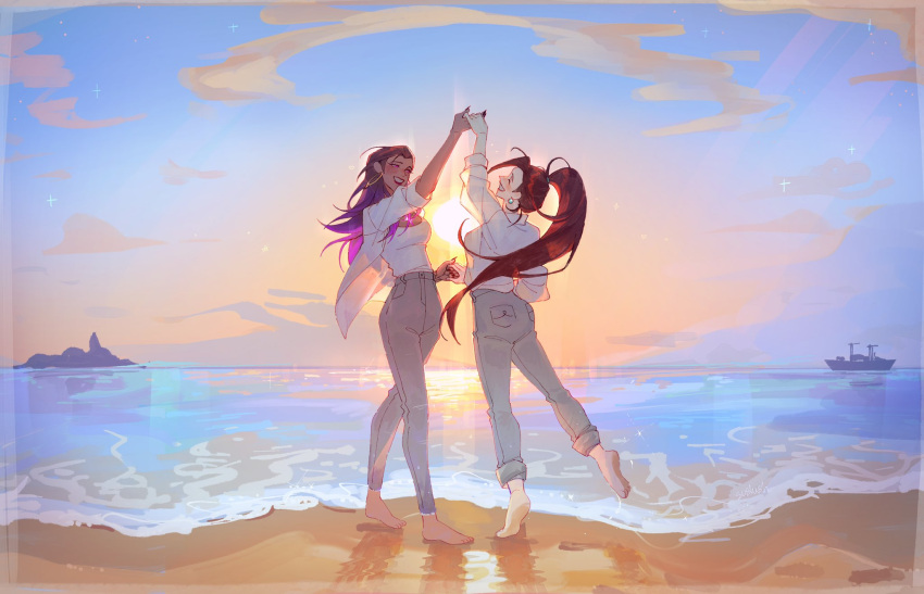 2girls barefoot beach blush boat breasts brown_hair buttons collared_shirt denim earrings gradient_hair grey_pants high-waist_pants highres holding_hands hoop_earrings island jewelry large_breasts long_hair looking_at_another matching_outfits multicolored_hair multiple_girls ocean pants pearl_earrings ponytail reyna_(valorant) sage_(valorant) see-through_clothes shirt smile sunset sussy_(sushushh) valorant watercraft white_shirt yuri