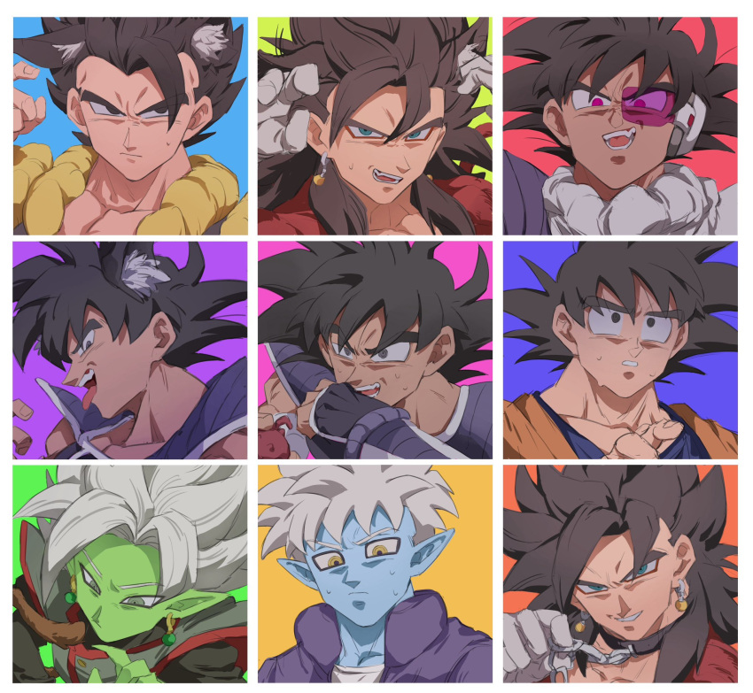 6+boys animal_ears aqua_eyes black_collar black_hair blue_skin border brown_hair chain_leash chains coat collar colored_skin commentary_request dark-skinned_male dark_skin demon_boy dragon_ball dragon_ball_daima dragon_ball_heroes dragon_ball_z earrings eyeliner fangs fused_zamasu glorio_(dragon_ball) gogeta green_skin grey_eyes highres holding holding_leash in-franchise_crossover jewelry leash looking_down makeup male_focus metamoran_vest monkey_boy monkey_tail multiple_boys multiple_persona natume12izr open_mouth pink-tinted_eyewear pink_eyes pointy_ears potara_earrings profile purple_coat red_eyeliner saiyan_armor scouter short_hair son_goku spiked_hair super_saiyan super_saiyan_4 tail tinted_eyewear tongue tongue_out tullece vegetto vegetto_(xeno) white_border white_hair yellow_eyes zamasu