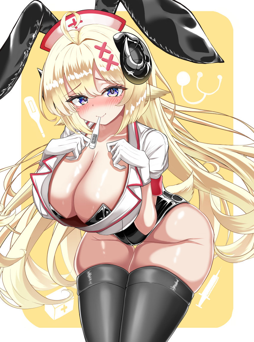 absurdres ahoge animal_ears black_leotard black_thighhighs blonde_hair blush border breasts cleavage_cutout closed_mouth clothing_cutout commentary_request curled_horns fake_animal_ears female gloves groin hair_ornament hat highres hololive horns huge_breasts inokeiwd leotard long_hair looking_at_viewer mouth_hold nurse nurse_cap playboy_bunny purple_eyes rabbit_ears sheep_ears sheep_girl sheep_horns sheep_tail shirt short_sleeves solo strapless strapless_leotard tail thick_thighs thigh_gap thighhighs thighs tsunomaki_watame virtual_youtuber white_border white_gloves white_shirt x_hair_ornament