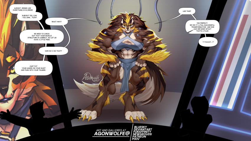 agonwolfe anthro biped black_sclera canid canine canis claws digitigrade female fluffy fluffy_tail fur hi_res huge mammal muscular mythological_canine mythological_creature mythology pose tail toe_claws transformation werecanid werecanine werecreature werewolf wolf yellow_body yellow_fur