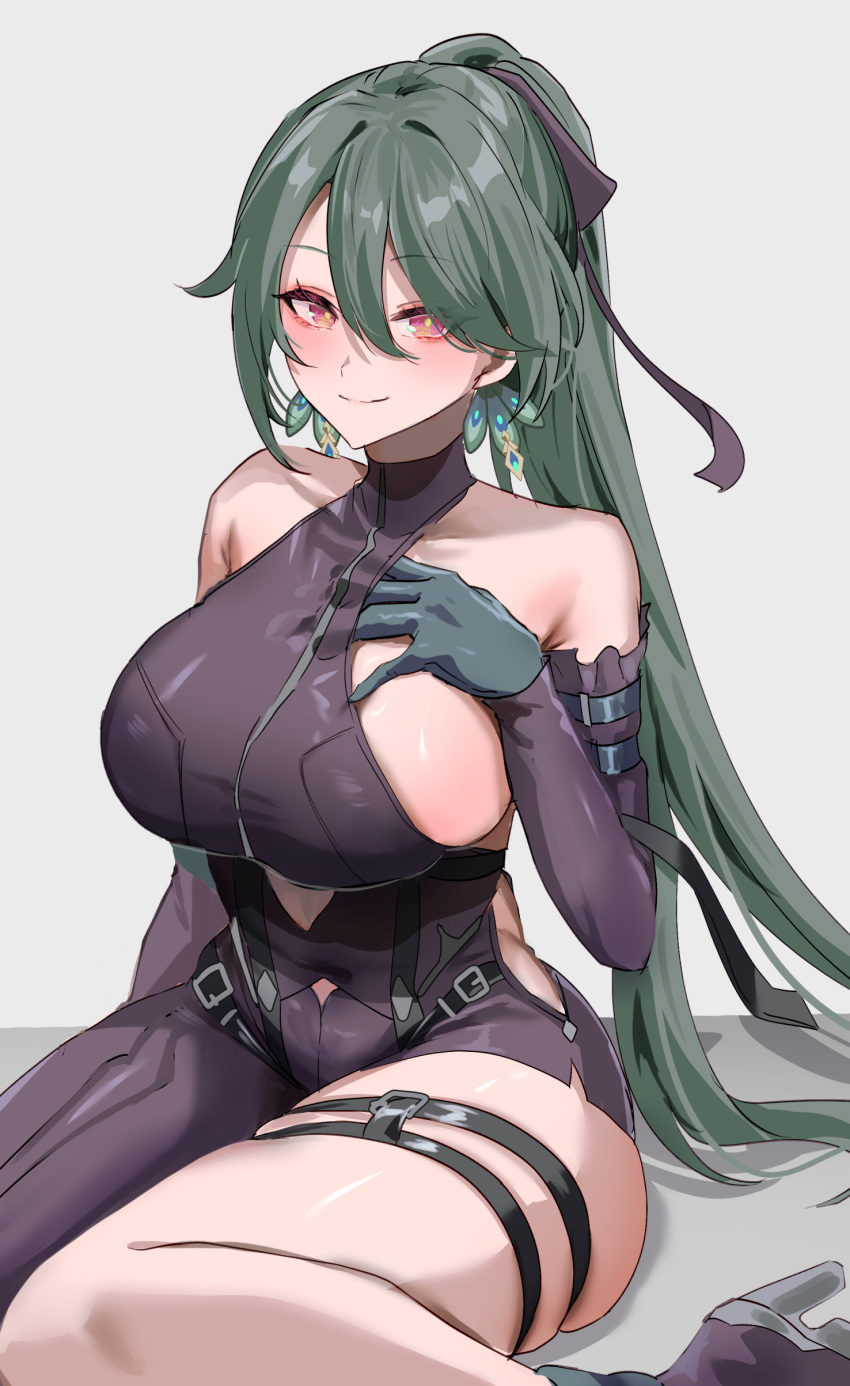 absurdres alternate_hairstyle anzu0130 bare_shoulders black_bodysuit bodysuit breasts closed_mouth commentary_request earrings female gloves green_gloves green_hair hair_between_eyes hand_on_own_chest highres honkai_(series) honkai_impact_3rd huge_breasts jewelry long_hair looking_at_viewer official_alternate_costume red_eyes single_leg_bodysuit sitting smile solo thighs very_long_hair vita_(honkai_impact) yellow_pupils