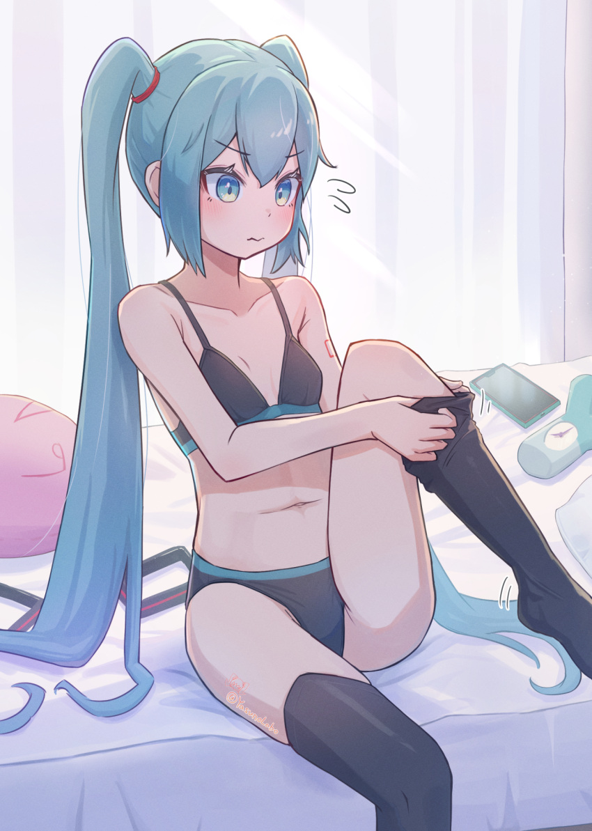 :s alarm_clock aqua_eyes aqua_hair armpit_crease artist_name black_bra black_panties black_thighhighs blush bra breasts cellphone clock day doodle_inset double-parted_bangs dressing female flying_sweatdrops hair_ornament hair_tie hatsune_miku highres indoors knee_up light_rays long_hair motion_lines navel number_tattoo on_bed panties phone pillow putting_on_legwear sitting skindentation small_breasts smartphone solo spring_onion tattoo thighhighs twintails twitter_username underwear unworn_hair_ornament v-shaped_eyebrows very_long_hair vocaloid worried yasuno-labo