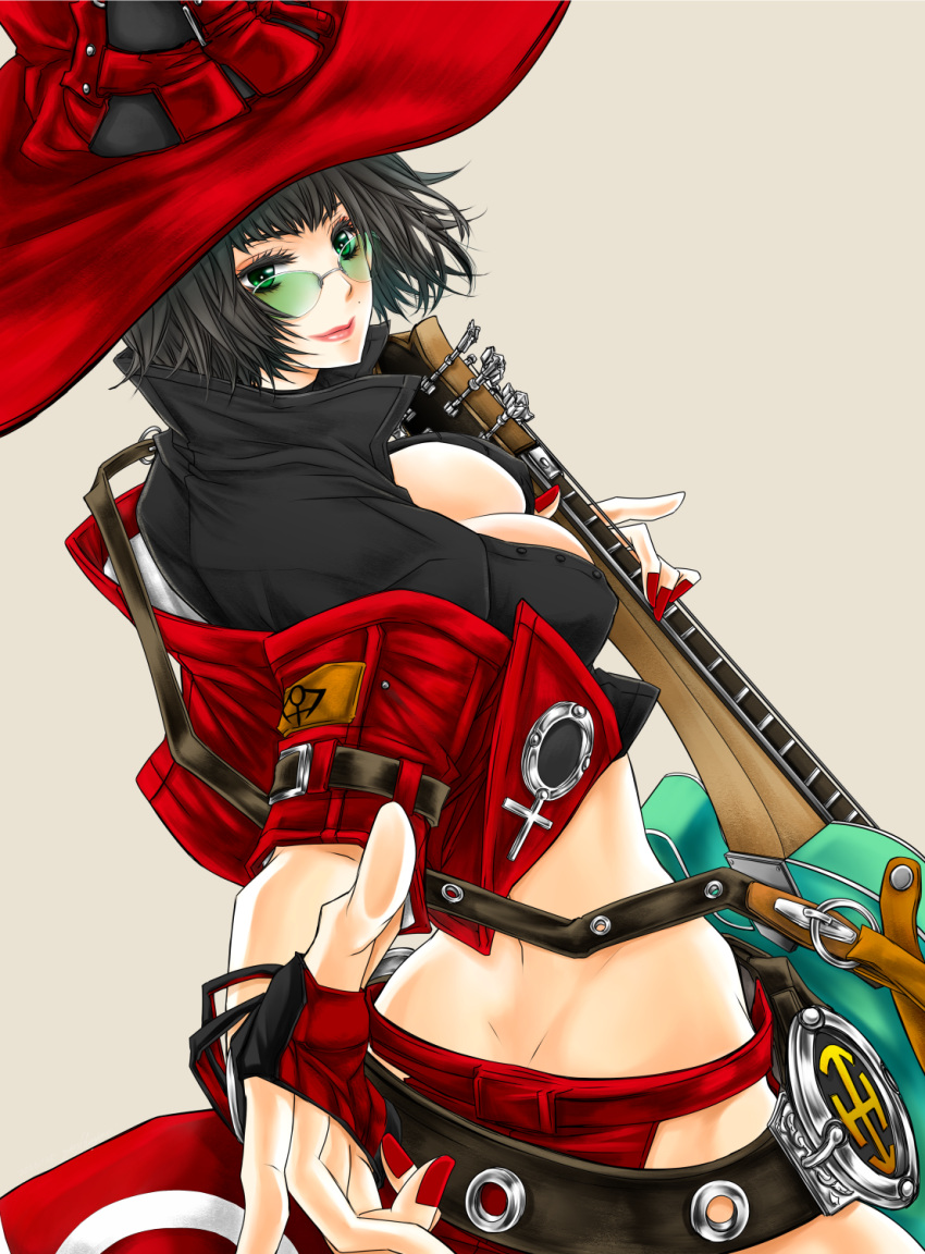 back belt black_hair bob_cut breasts cleavage closed_mouth crop_top electric_guitar female from_behind green-tinted_eyewear green_eyes guilty_gear guilty_gear_strive guitar hat highres i-no instrument jacket large_breasts looking_back nail_polish red_jacket red_lips red_nails short_hair smile solo sunglasses tinted_eyewear witch witch_hat zennomituaka