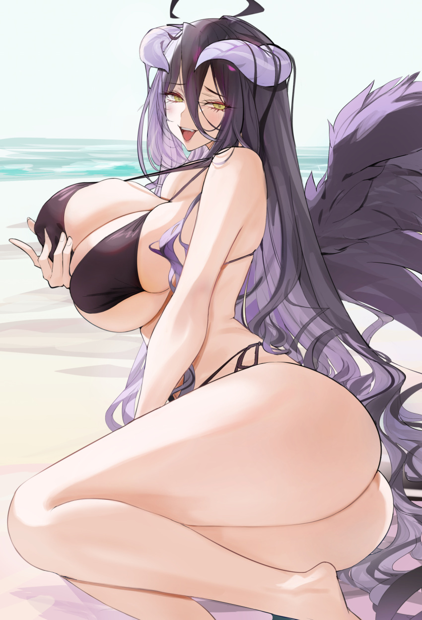 absurdres ahoge albedo_(overlord) ass bare_shoulders beach bikini black_bikini black_hair black_wings blush breasts cleavage demon_girl feathered_wings female hareno_chiame highres horns large_breasts long_hair looking_at_viewer open_mouth overlord_(maruyama) shore smile solo swimsuit thighs wings yellow_eyes