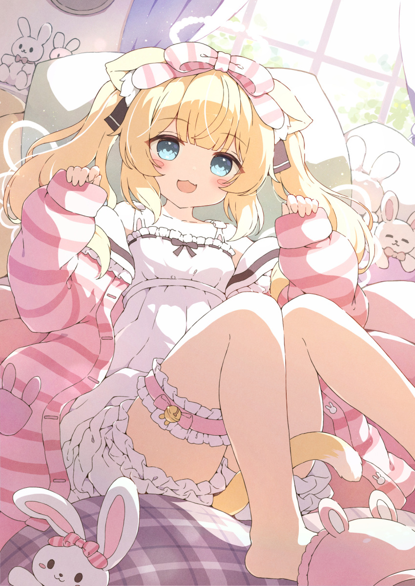 :d ahoge animal_ear_fluff animal_ears animal_slippers aqua_eyes bare_shoulders bed_sheet blonde_hair blunt_bangs blush blush_stickers bow bridal_garter brown_ribbon cat_ears cat_girl cat_tail commission day dress dutch_angle feet_out_of_frame female frilled_dress frills hairbow highres hood hoodie indoors long_hair looking_at_viewer on_bed open_mouth original paw_pose pink_bow pink_hoodie ribbon sidelocks single_slipper sitting skeb_commission slippers smile solo striped_clothes striped_hoodie stuffed_animal stuffed_rabbit stuffed_toy tail thighs twintails two_side_up tyomimas variant_set white_dress