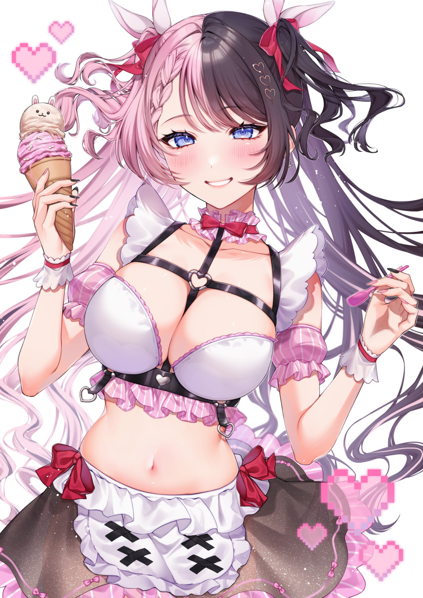 absurdres apron between_breasts bikini black_hair black_nails black_skirt blush bow bowtie braid braided_bangs breasts chest_harness choker detached_sleeves female food frilled_choker frills grin hair_ornament hair_ribbon hairbow harness heart heart_hair_ornament heart_o-ring highres holding holding_spoon ice_cream ice_cream_spoon large_breasts long_hair looking_at_viewer maid maid_apron maid_bikini miniskirt multicolored_hair navel nemu_o3o o-ring o-ring_harness pink_hair pink_nails pink_sleeves pixel_heart pleated_skirt red_bow red_bowtie red_wristband ribbon see-through_clothes see-through_sleeves skirt smile solo split-color_hair spoon stomach strap_between_breasts striped_choker swimsuit tachibana_hinano_(vspo!_summer_2024) tachibana_hinano_(vtuber) two-tone_hair two-tone_nails two_side_up unconventional_maid vertical-striped_sleeves very_long_hair virtual_youtuber vspo! white_background white_bikini white_ribbon wrist_cuffs