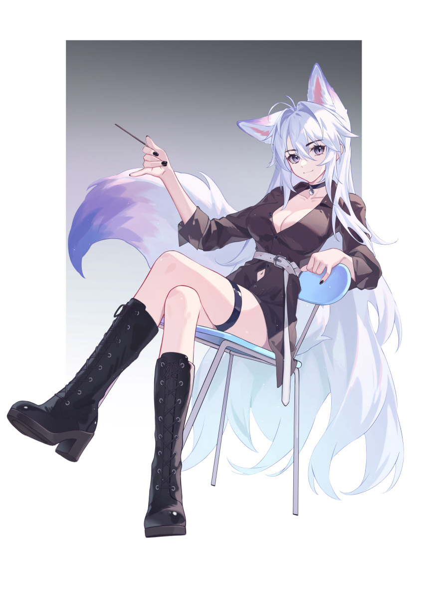 absurdres animal_ears antenna_hair belt black_choker black_footwear black_nails black_shirt boots border breasts chair choker cleavage clothing_cutout collarbone commentary_request crossed_legs extra_ears female fox_ears fox_girl fox_tail gradient_background grey_background grey_hair hair_between_eyes highres holding holding_stick kirby_d_a knee_boots large_breasts leaning_back long_hair long_sleeves looking_at_viewer luo_shun_yao navel_cutout original pendant_choker pink_eyes revision shirt sidelocks simple_background sitting smile solo stick tail thigh_strap very_long_hair white_belt white_border