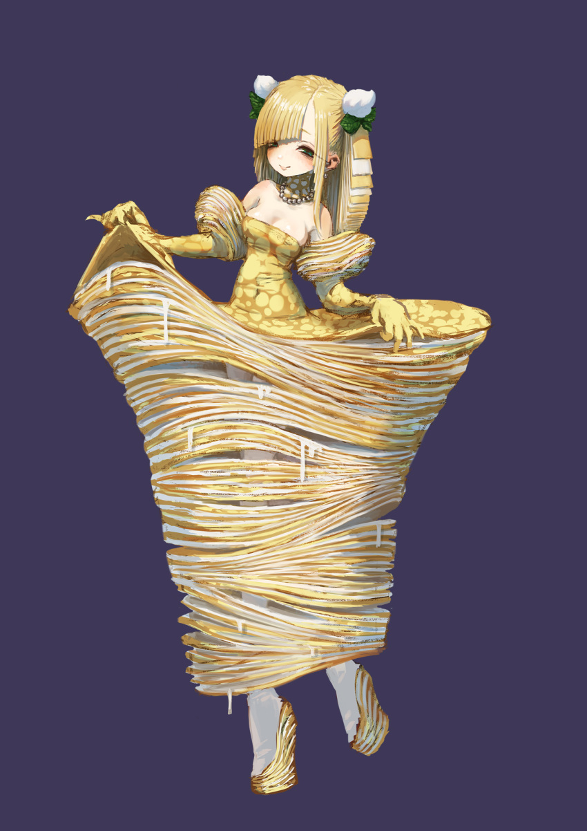 bare_shoulders blonde_hair blush commentary_request crepe dress elbow_gloves female food food-themed_clothes full_body gloves green_eyes highres jonpei long_hair looking_at_viewer original pancake platform_footwear platform_heels smile solo