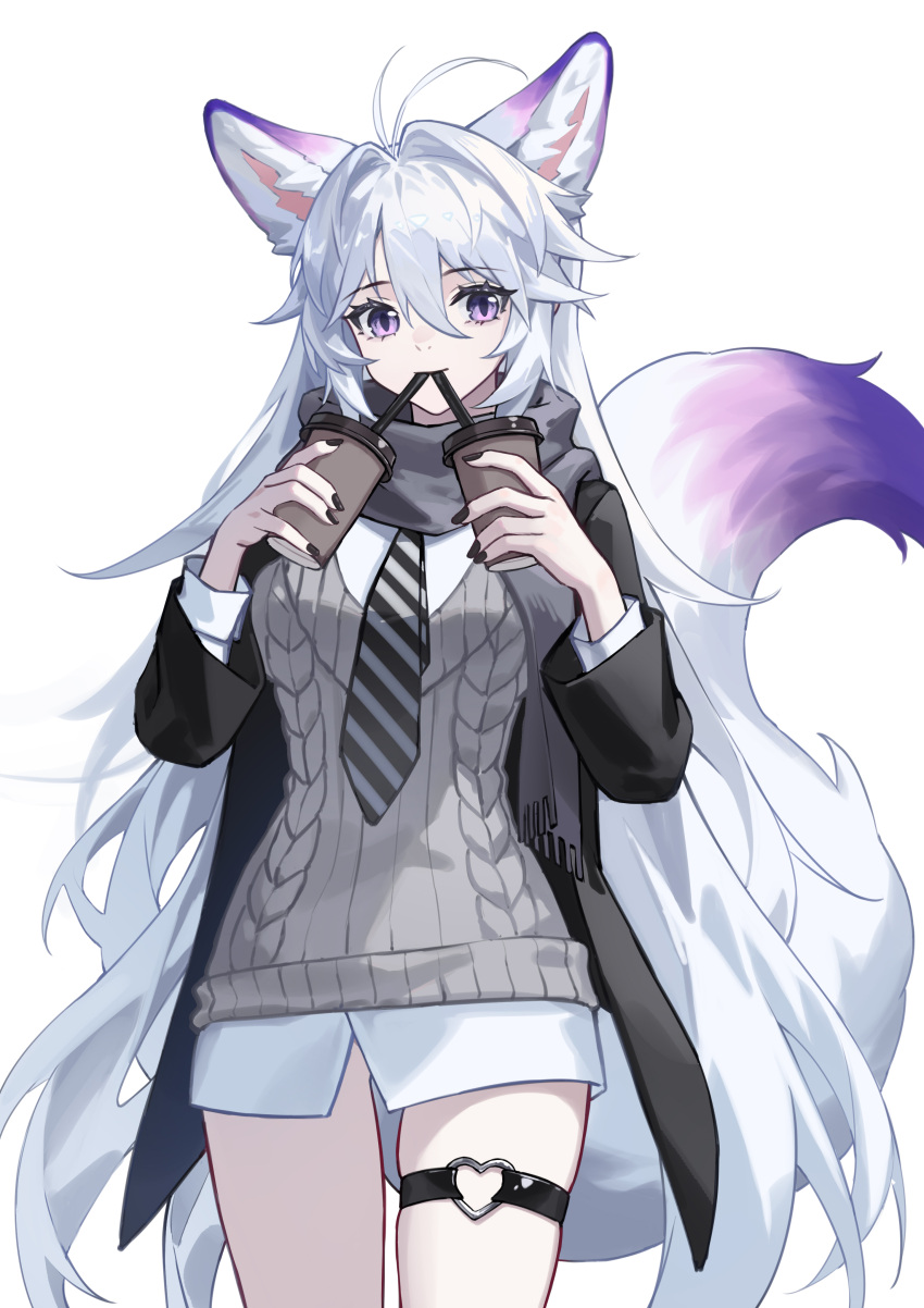 absurdres ahoge animal_ear_fluff animal_ears black_jacket black_nails breasts chinese_commentary commentary_request cowboy_shot double-parted_bangs drink drinking_straw drinking_straw_in_mouth extra_ears eyelashes female fox_ears fox_girl fox_tail grey_scarf hair_between_eyes heart highres holding holding_drink jacket kirby_d_a long_bangs long_hair looking_at_viewer luo_shun_yao medium_breasts multicolored_hair nail_polish necktie no_pants original purple_eyes purple_hair revision ribbed_sweater scarf shirt slit_pupils smile solo striped_necktie sweater tail thigh_strap untucked_shirt very_long_hair white_background white_hair white_undershirt