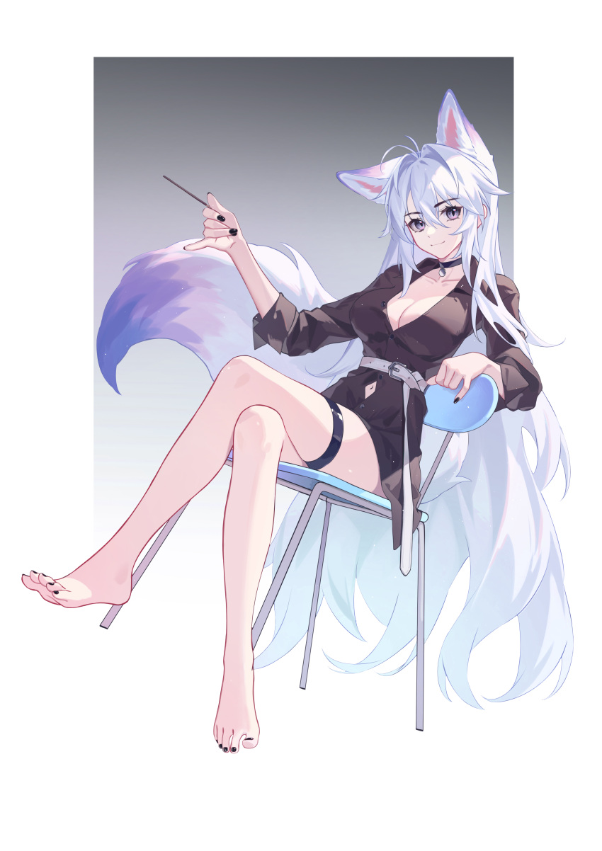 absurdres animal_ears antenna_hair bare_legs barefoot belt black_choker black_nails black_shirt border breasts chair choker cleavage clothing_cutout collarbone commentary_request crossed_legs extra_ears feet female fox_ears fox_girl fox_tail gradient_background grey_background grey_hair hair_between_eyes highres holding holding_stick kirby_d_a large_breasts leaning_back long_hair long_sleeves looking_at_viewer luo_shun_yao nail_polish navel_cutout original pendant_choker pink_eyes revision shirt sidelocks simple_background sitting smile solo stick tail thigh_strap toenail_polish toenails toes very_long_hair white_belt white_border