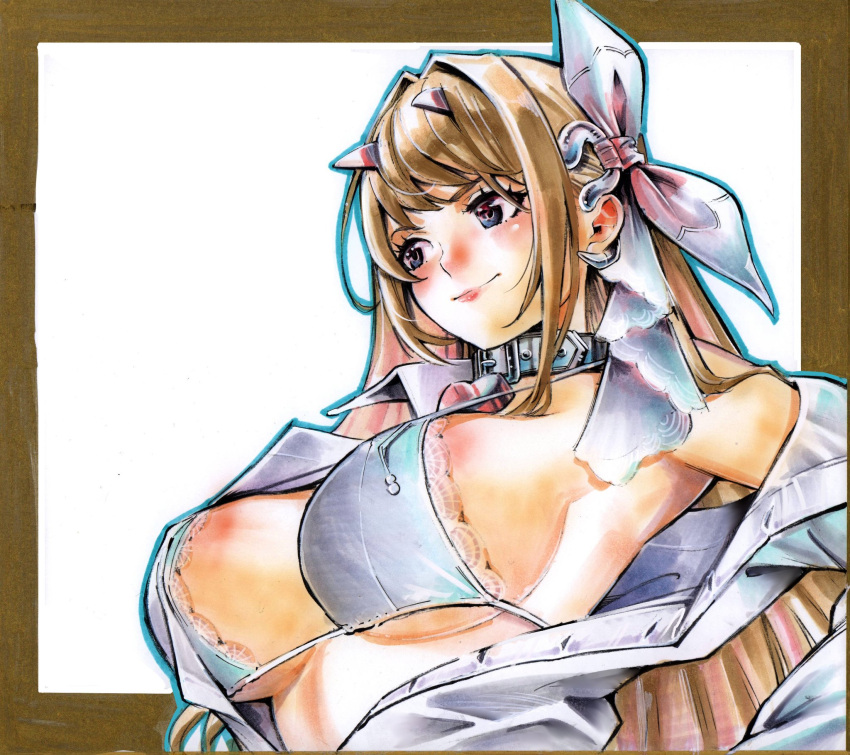 bikini blue_eyes blush border breasts brown_hair closed_mouth collar commentary commentary_typo english_commentary female goddess_of_victory:_nikke hair_intakes hair_ribbon heart_collar highres horns lace-trimmed_bikini lace_trim large_breasts light_smile lips long_hair marker_(medium) official_alternate_costume open_clothes open_shirt ribbon rodrigo_yoshimiya shirt sideboob simple_background single_off_shoulder solo swimsuit traditional_media upper_body viper_(nikke) viper_(shine_of_love)_(nikke) white_background white_bikini white_ribbon white_shirt