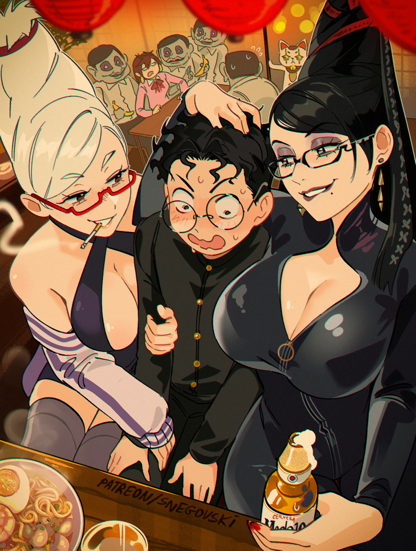 3girls alcohol ayase_momo ayase_seiko bayonetta bayonetta_(series) beer biting_own_lip black_bodysuit black_hair bodysuit bottle breasts brown_eyes cigarette cleavage dandadan earrings english_commentary food glasses hand_on_another's_head highres holding holding_bottle indoors jacket jewelry large_breasts long_sleeves mature_female mole mole_under_mouth multiple_girls nail_polish phallic_symbol red_nails serpo_(dandadan) smoking snegovski takakura_ken_(dandadan) thighhighs white_hair