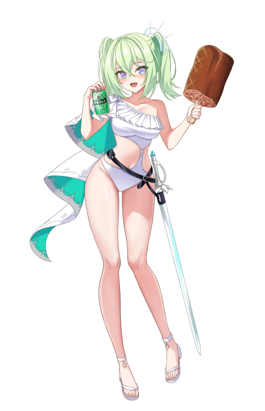 absurdres bare_legs bare_shoulders belt blue_eyes boned_meat breasts can collarbone female food frilled_one-piece_swimsuit frills full_body green_hair hands_up highres holding holding_can long_hair looking_at_viewer meat medium_breasts navel one-piece_swimsuit open_mouth rapier sandals simple_background smile solo stellive swimsuit sword thighs twintails virtual_youtuber weapon white_background white_one-piece_swimsuit yt9676 yuzuha_riko