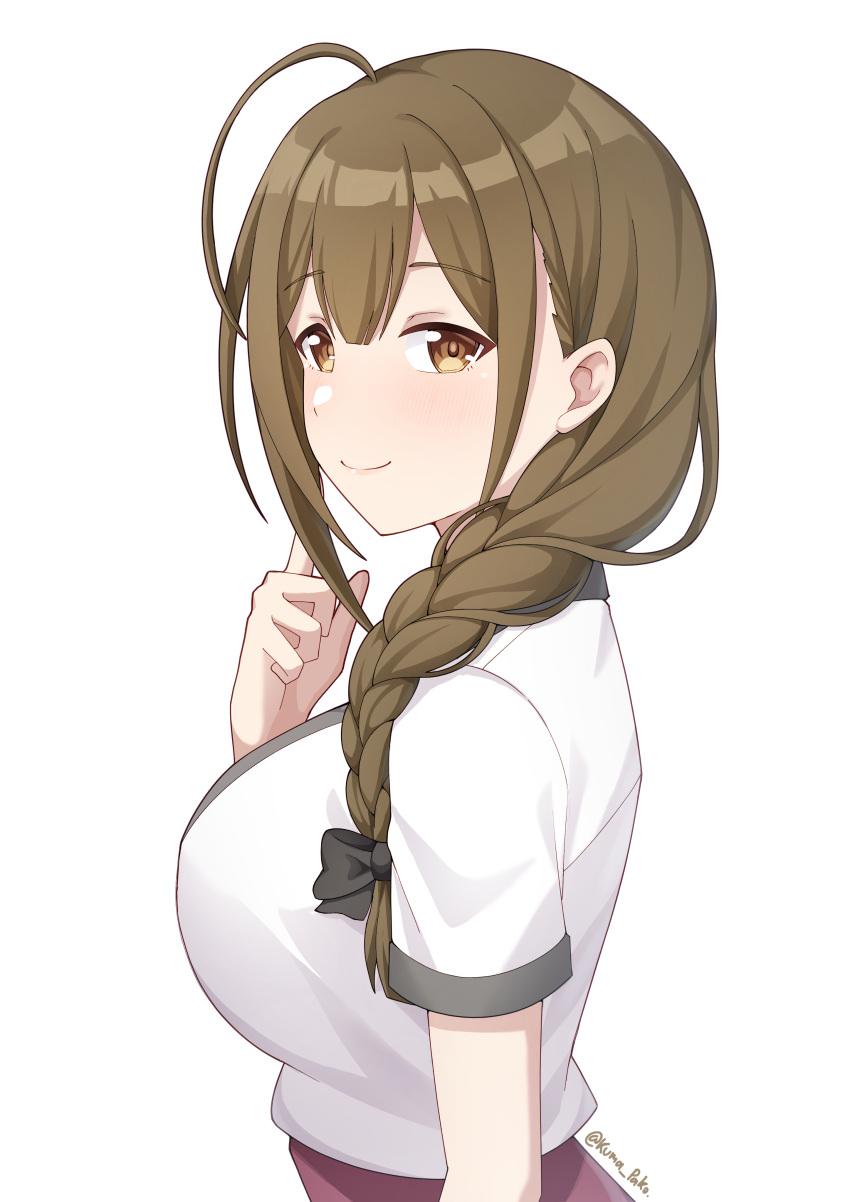 absurdres ahoge black_bow bow breasts brown_hair female hairbow highres huge_ahoge idolmaster idolmaster_shiny_colors kumapako kuwayama_chiyuki large_breasts long_braid looking_at_viewer looking_to_the_side shirt simple_background smile solo twitter_username upper_body white_background white_shirt