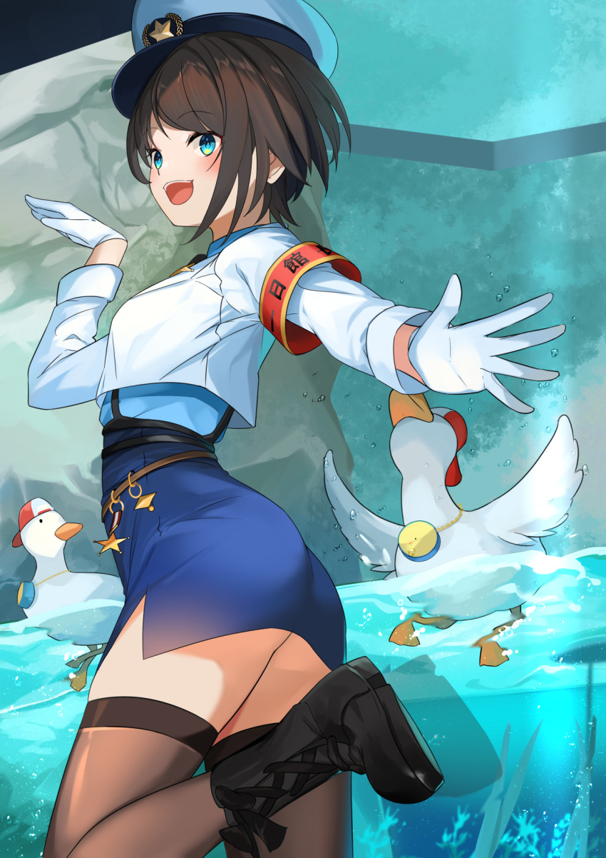 aquarium armband backwards_hat baseball_cap bird black_footwear black_hair black_thighhighs blue_eyes blue_shirt blue_skirt blush boots commentary_request cropped_jacket duck female foot_out_of_frame from_side gloves hand_up hat high-waist_skirt highres hololive jacket long_sleeves looking_at_viewer official_alternate_costume oozora_subaru oozora_subaru_(8th_costume) open_mouth outstretched_arm pencil_skirt police police_hat police_uniform policewoman red_armband shirt short_hair skirt smile solo sora_no_tori standing standing_on_one_leg subaru_duck teeth thighhighs tongue underbutt upper_teeth_only virtual_youtuber water white_gloves white_hat white_jacket