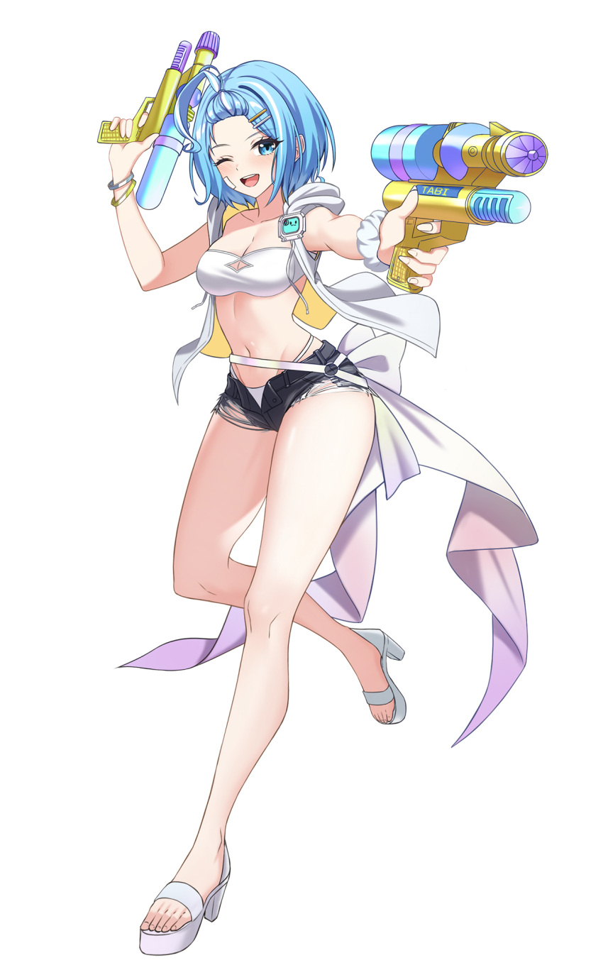 ;d ahoge arahashi_tabi bandeau bangs_pinned_back bare_legs bikini black_shorts blue_eyes blue_hair breasts denim denim_shorts dual_wielding female full_body high_heels highres holding holding_water_gun jacket looking_at_viewer medium_breasts micro_shorts navel one_eye_closed open_clothes open_fly open_jacket open_mouth outstretched_arm scrunchie short_hair shorts simple_background sleeveless sleeveless_jacket smile solo stellive stomach strapless swimsuit thighs torn_clothes torn_shorts tube_top virtual_youtuber water_gun white_background white_bikini wrist_scrunchie yt9676