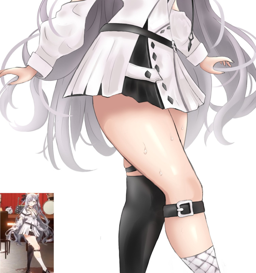 dress female grey_hair highres hololive hololive_indonesia long_hair long_sleeves oredama photo-referenced reference_inset simple_background single_thighhigh strap sweat thigh_focus thighhighs thighs vestia_zeta vestia_zeta_(1st_costume) virtual_youtuber white_background white_hair