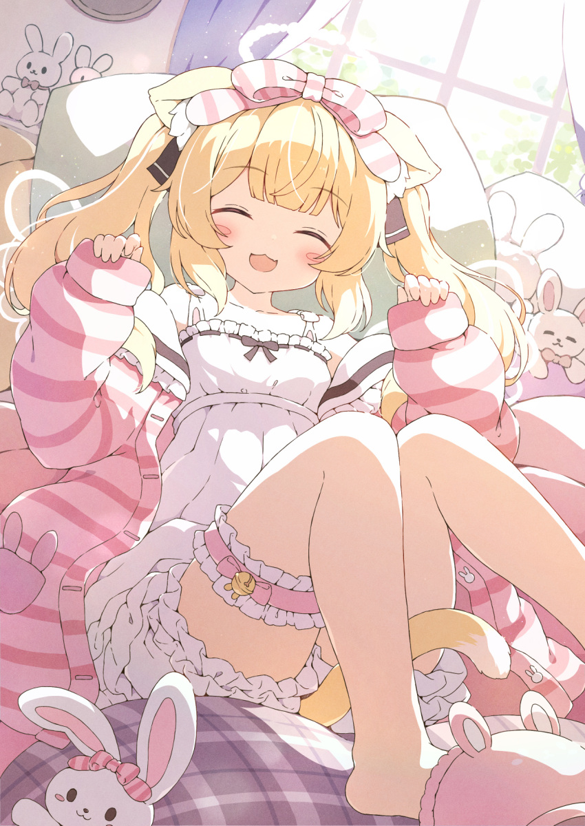 :d ahoge animal_ear_fluff animal_ears animal_slippers bare_shoulders bed_sheet blonde_hair blunt_bangs blush blush_stickers bow bridal_garter brown_ribbon cat_ears cat_girl cat_tail closed_eyes commission day dress dutch_angle feet_out_of_frame female frilled_dress frills hairbow highres hood hoodie indoors long_hair looking_at_viewer on_bed open_mouth original paw_pose pink_bow pink_hoodie ribbon sidelocks single_slipper sitting skeb_commission slippers smile solo striped_clothes striped_hoodie stuffed_animal stuffed_rabbit stuffed_toy tail thighs twintails two_side_up tyomimas variant_set white_dress