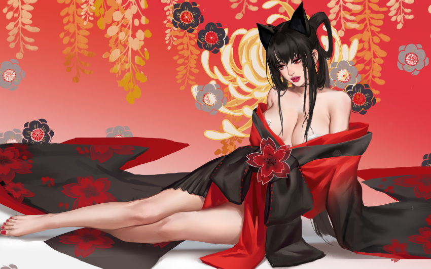 animal_ears arm_support bare_legs bare_shoulders barefoot black_hair black_kimono breasts breasts_apart cherry_blossom_print chinese_commentary chrysanthemum collarbone commentary_request feet female floral_print flower full_body gradient_background gradient_clothes gradient_kimono guishu_lingxiang hair_rings highres japanese_clothes kimono large_breasts legs lips looking_to_the_side mole mole_under_eye nail_polish off_shoulder original parted_lips pasties pink_lips print_kimono red_background red_eyes red_kimono red_nails sidelocks_tied_back sitting solo toenail_polish toenails toes wisteria