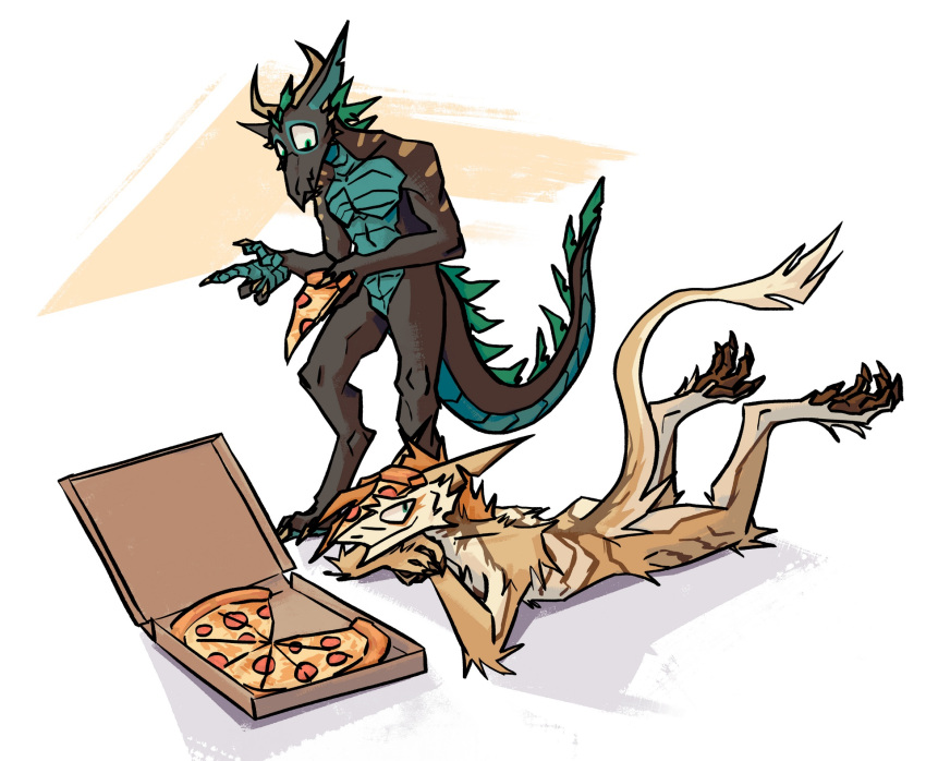 anthro claws container dragon duo food hi_res horn humor lying male mythological_creature mythological_scalie mythology on_front pawpads pizza pizza_box scalie sergal sleepymuzzle standing tail tail_tuft tuft wingless_dragon