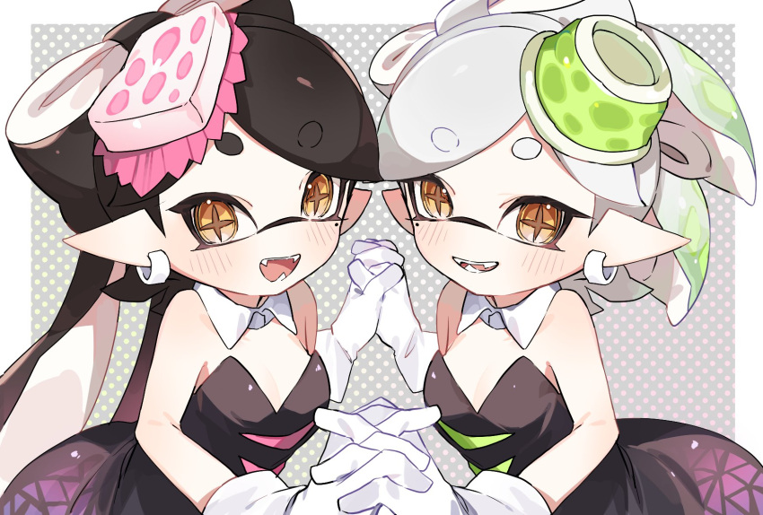 2girls bare_shoulders black_dress black_hair blush border bow-shaped_hair brown_pupils callie_(splatoon) collar commentary_request cousins cross-shaped_pupils detached_collar dress earrings fangs gloves green_hair grey_background grey_hair highres holding_hands ika_esu inkling jewelry long_hair looking_at_viewer marie_(splatoon) medium_hair mole mole_under_eye multicolored_hair multiple_girls no_nose open_mouth pointy_ears polka_dot polka_dot_background raised_eyebrows short_eyebrows smile splatoon_(series) strapless strapless_dress swept_bangs symbol-shaped_pupils tentacle_hair two-tone_hair white_border white_collar white_gloves yellow_eyes