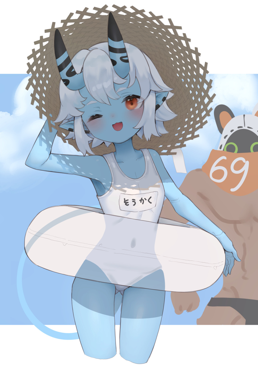 1boy absurdres bare_shoulders blue_oni blue_skin blush breasts colored_skin female hat highres horns innertube looking_at_viewer nekotewi one-piece_swimsuit one_eye_closed oni open_mouth pointy_ears red_eyes short_hair sidelocks skin-covered_horns small_breasts smile soukaku_(zenless_zone_zero) straw_hat swim_ring swimsuit tail white_hair white_one-piece_swimsuit zenless_zone_zero