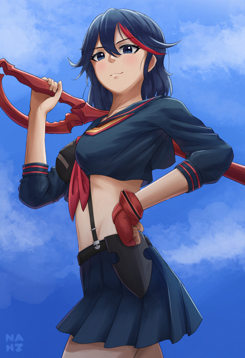 absurdres artist_name belt black_hair blue_eyes blue_skirt blue_sky breasts closed_mouth cloud cowboy_shot crop_top day english_commentary female fingerless_gloves gloves groin highres holding holding_weapon kill_la_kill light_blush looking_at_viewer matoi_ryuuko medium_breasts medium_hair midriff miniskirt multicolored_hair nahz navel neckerchief outdoors over_shoulder pleated_skirt red_hair sailor_collar school_uniform senketsu serafuku shirt short_hair signature skirt sky smile solo standing streaked_hair suspenders sword two-tone_hair weapon weapon_over_shoulder