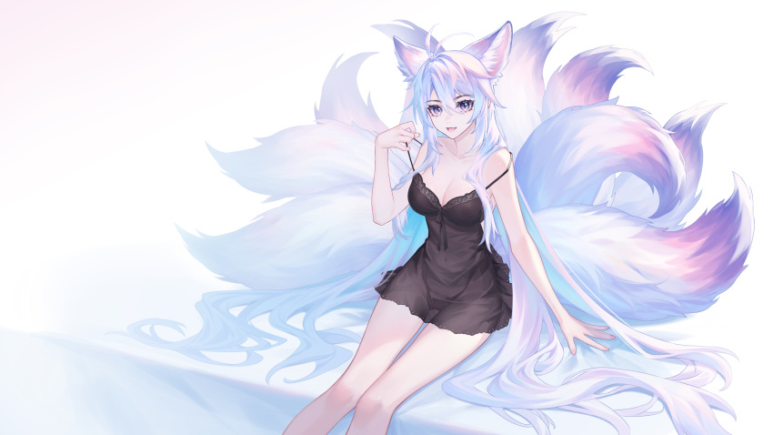 :d absurdres animal_ears bare_legs breasts brown_eyes chinese_commentary cleavage collarbone commentary_request feet_out_of_frame female fox_ears fox_girl fox_tail highres kirby_d_a large_breasts lingerie long_hair looking_at_viewer luo_shun_yao multiple_tails negligee open_mouth original pulling_own_clothes revision sitting smile solo spaghetti_strap strap_pull strap_slip tail underwear very_long_hair white_hair