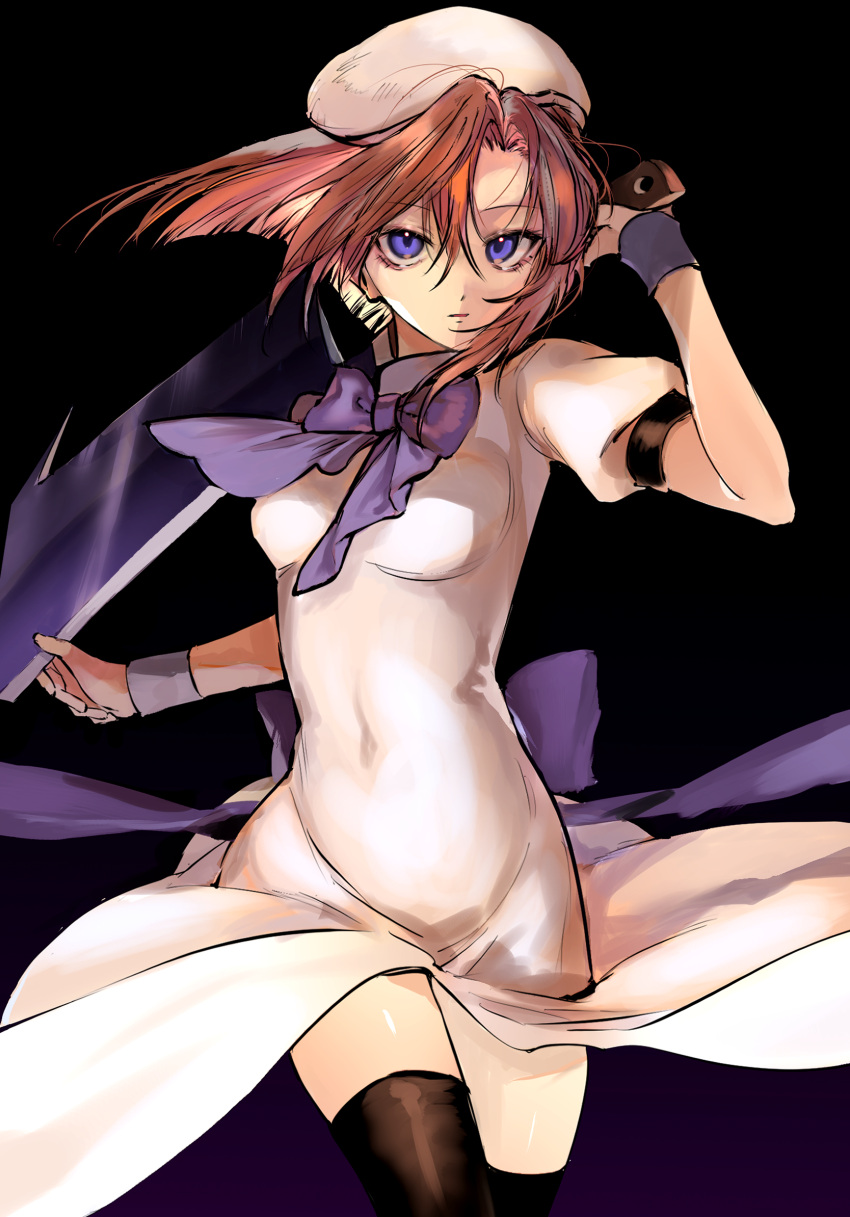 black_background black_thighhighs bow bowtie breasts brown_hair covered_navel cowboy_shot dress female floating_hair front_slit hat highres higurashi_no_naku_koro_ni holding holding_weapon letter_eater021 long_dress looking_at_viewer machete medium_breasts medium_hair purple_bow purple_bowtie purple_eyes ryuuguu_rena shiny_skin short_sleeves simple_background solo standing thighhighs weapon white_dress white_hat