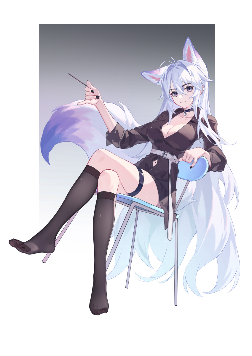 absurdres animal_ears antenna_hair belt black_choker black_nails black_shirt black_socks border breasts chair choker cleavage clothing_cutout collarbone commentary_request crossed_legs extra_ears female fox_ears fox_girl fox_tail gradient_background grey_background grey_hair hair_between_eyes highres holding holding_stick kirby_d_a kneehighs large_breasts leaning_back long_hair long_sleeves looking_at_viewer luo_shun_yao navel_cutout no_shoes original pendant_choker pink_eyes revision shirt sidelocks simple_background sitting smile socks solo stick tail thigh_strap very_long_hair white_belt white_border