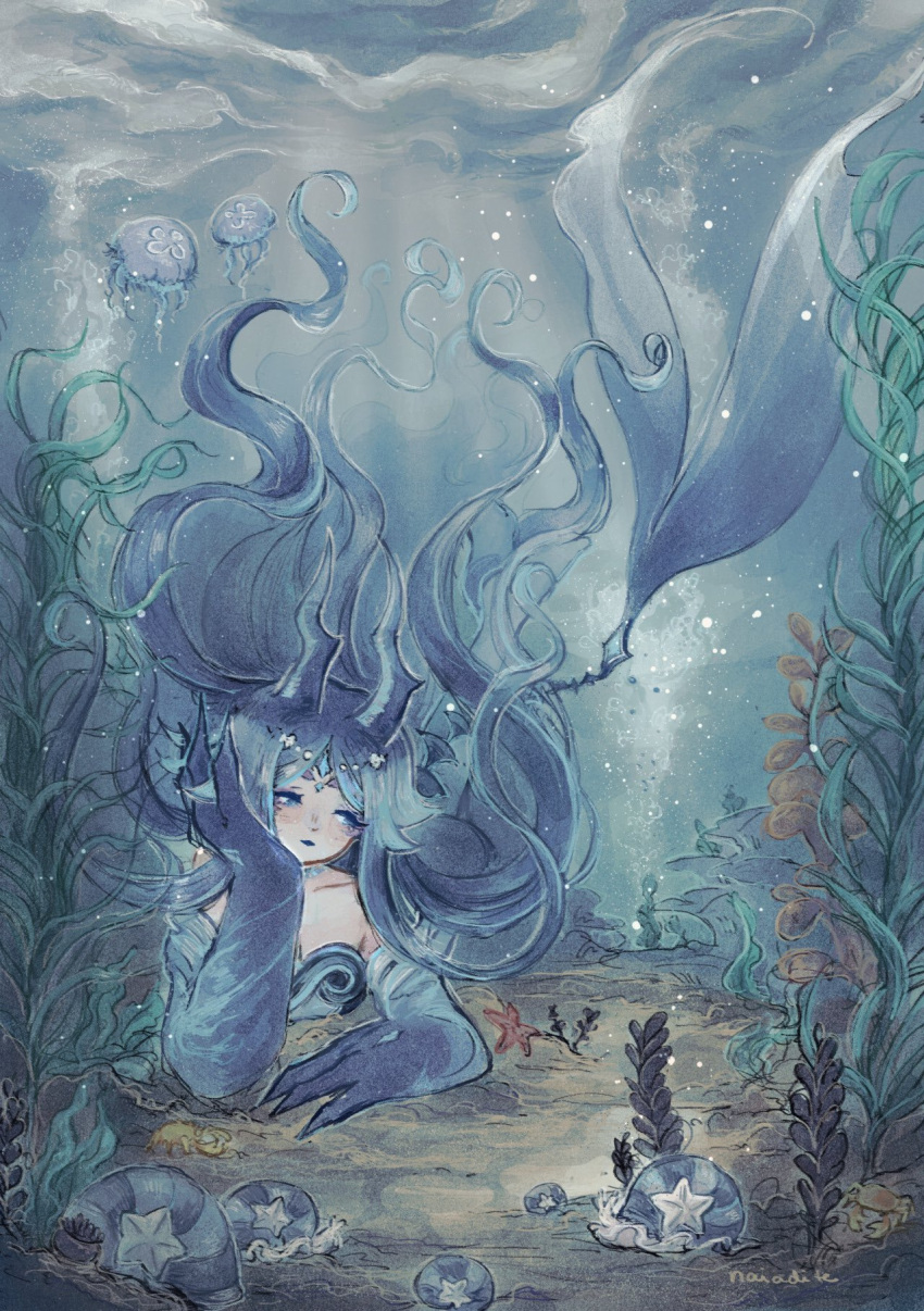 animal blue_eyes blue_hair blue_lips character_request colored_eyelashes copyright_request creature_request english_commentary female floating_hair highres horns jellyfish long_hair monster_girl naiadite plant_request seafloor seaweed snail tagme underwater wavy_hair