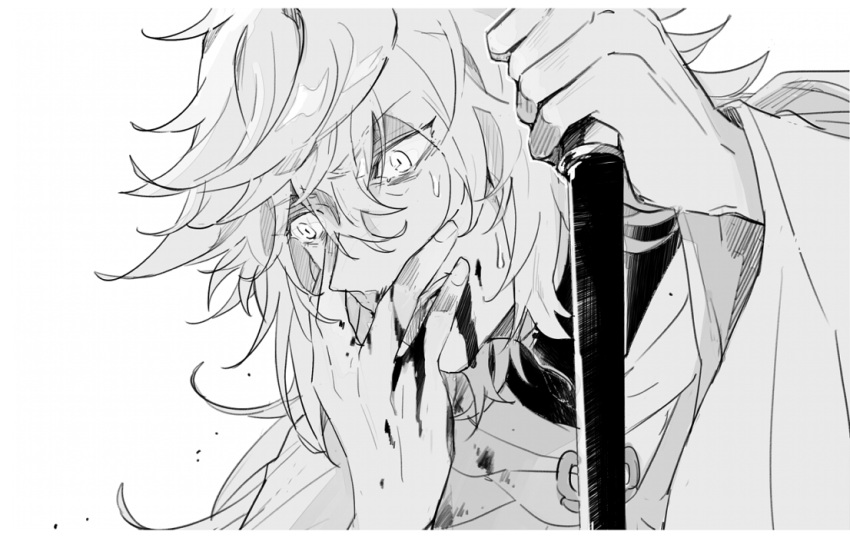 1boy blood blood_from_mouth blood_on_face blood_on_hands covering_own_mouth fate/grand_order fate_(series) greyscale hair_between_eyes hand_on_own_face hand_over_own_mouth holding holding_staff hunched_over letterboxed long_hair long_sleeves male_focus merlin_(fate) monochrome robe ruoyin simple_background solo staff sweat wide-eyed wide_sleeves