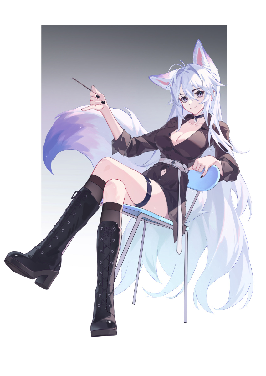 absurdres animal_ears antenna_hair belt black_choker black_footwear black_nails black_shirt black_socks boots border breasts chair choker cleavage clothing_cutout collarbone commentary_request crossed_legs extra_ears female fox_ears fox_girl fox_tail gradient_background grey_background grey_hair hair_between_eyes highres holding holding_stick kirby_d_a knee_boots kneehighs large_breasts leaning_back long_hair long_sleeves looking_at_viewer luo_shun_yao navel_cutout original pendant_choker pink_eyes revision shirt sidelocks simple_background sitting smile socks solo stick tail thigh_strap very_long_hair white_belt white_border