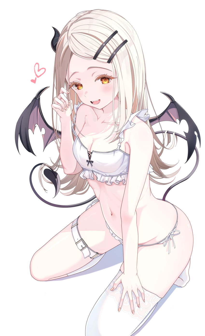 absurdres alternate_costume asymmetrical_legwear belt bikini blonde_hair blush breasts cleavage collarbone colored_eyelashes demon_horns demon_tail demon_wings female fingernails flipped_hair frilled_bikini frills gakuen_idolmaster gradient_hair heart highres horns idolmaster kneeling long_hair looking_at_viewer multicolored_hair navel orange_eyes shinosawa_hiro side-tie_bikini_bottom sikimosh simple_background single_horn single_thighhigh small_breasts smile solo stomach strap_slip swept_bangs swimsuit tail thigh_belt thigh_strap thighhighs torn_wings very_long_hair white_background white_bikini wings