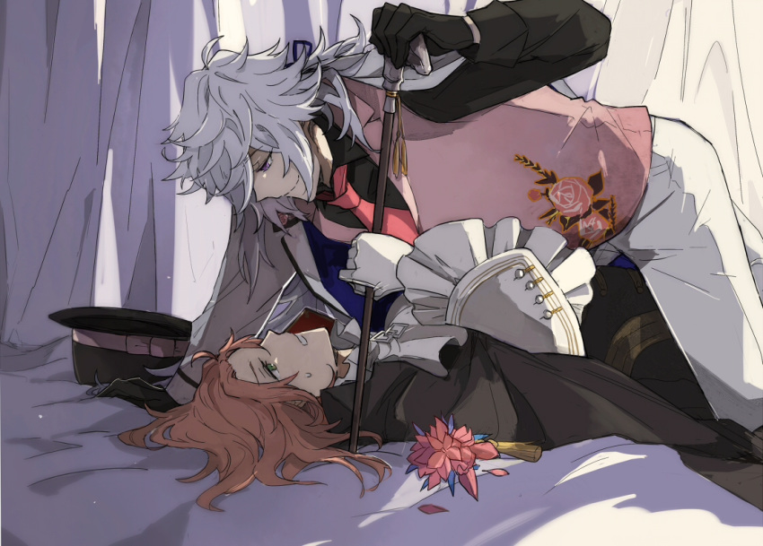 2boys bed black_cape black_gloves black_hat black_shirt blue_ribbon boutonniere bow cane cape chaldea_logo closed_mouth coat coat_partially_removed collared_shirt curtains eye_contact face-to-face fate/grand_order fate_(series) floral_print flower frilled_sleeves frills gloves green_eyes hair_ribbon hat hat_bow holding holding_cane long_hair long_sleeves looking_at_another lying male_focus merlin_(fate) merlin_(fgo_x_takarazuka_kinen)_(fate) multiple_boys necktie official_alternate_costume on_back orange_hair pants pink_flower pink_necktie pink_vest pinned print_vest purple_eyes purple_hair ribbon romani_archaman romani_archaman_(count_romani_archaman's_hospitality) ruoyin shirt smile sweat unworn_hat unworn_headwear vest white_coat white_gloves white_pants wing_collar yaoi yukadon