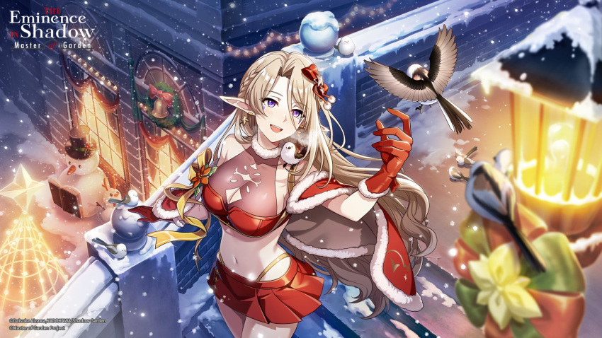 animal_on_shoulder artist_request beatrix_(kage_no_jitsuryokusha_ni_naritakute!) bell bird bird_on_shoulder blonde_hair book bow braid breasts building capelet cleavage clothing_cutout copyright_notice female fur-trimmed_capelet fur-trimmed_gloves fur_trim gloves hair_between_eyes hairbow highleg highres holly kage_no_jitsuryokusha_ni_naritakute! kage_no_jitsuryokusha_ni_naritakute!_master_of_garden lamppost large_breasts logo long_hair navel official_art open_book pleated_skirt pointy_ears purple_eyes red_bow red_capelet red_gloves red_skirt ribbon skirt snowing snowman solo stairs yellow_ribbon