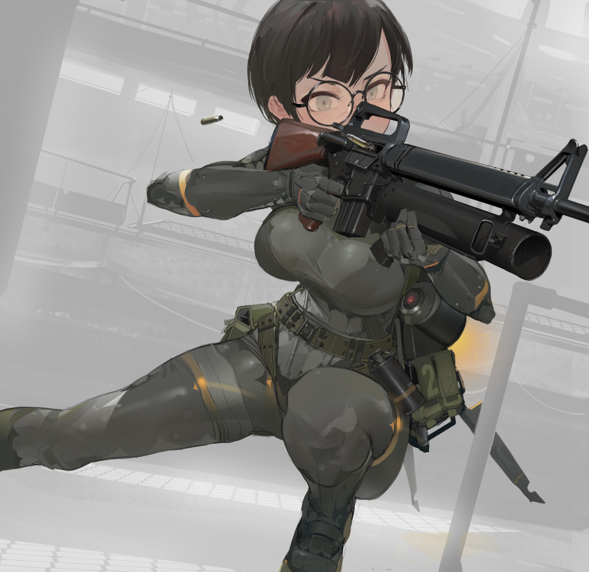 absurdres aiming assault_rifle black_hair bodysuit breasts commission dynamic_pose female gauntlets glasses grenade_launcher grey_bodysuit grey_eyes gun highres knife large_breasts m16 m16a1 original polilla rifle round_eyewear serious shell_casing shiny_clothes short_hair smoke_grenade solo underbarrel_grenade_launcher weapon xm148