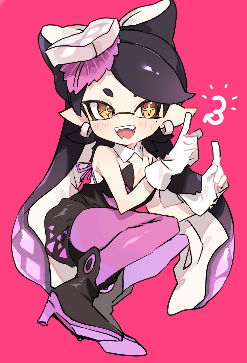 ankle_boots bare_shoulders black_footwear black_hair black_jumpsuit blush boots bow-shaped_hair callie_(splatoon) collar commentary_request cross-shaped_pupils detached_collar earrings fangs female full_body gloves gradient_hair highres ika_esu inkling jewelry jumpsuit long_hair mole mole_under_eye multicolored_hair no_nose notice_lines open_mouth pantyhose pink_background pointing pointing_up pointy_ears purple_hair purple_pantyhose short_jumpsuit simple_background solo splatoon_(series) suction_cups swept_bangs symbol-shaped_pupils tentacle_hair twintails two-tone_hair very_long_hair white_collar white_gloves yellow_eyes