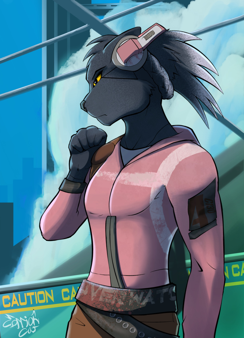 anthro athletic athletic_female athletic_wear background_text body_modification breasts building carrioncat clothing cloud cyberpunk electronics felid female female_anthro hair headphones hi_res intersex jacket jaguar looking_at_viewer mammal pantherine ponytail sky skyscape skyscraper small_breasts text text_on_clothing topwear