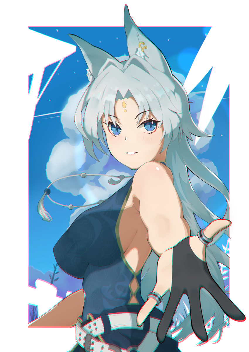 absurdres ahonis_(pixiv110944439) anaglyph animal_ear_fluff animal_ears bare_arms belt black_gloves blue_eyes blue_shirt breasts cowboy_shot curtained_hair english_commentary facial_mark feixiao_(honkai:_star_rail) female forehead_mark fox_ears fox_girl gloves grey_hair grin highres honkai:_star_rail honkai_(series) inset_border jewelry large_breasts long_hair looking_at_viewer necklace nose outstretched_hand partially_fingerless_gloves ring shirt side_slit sideboob sleeveless sleeveless_shirt smile solo white_belt