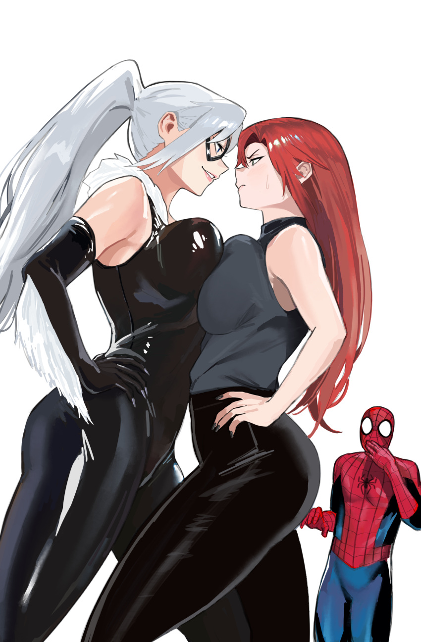 1boy 2girls absurdres black_cat_(marvel) black_suit blue_suit breast_press breasts domino_mask felicia_hardy highres large_breasts marvel mary_jane_watson mask mugi_(mugit49) multiple_girls red_hair red_suit simple_background spider-man spider-man_(series) suit surprised symmetrical_docking textless_version title white_background white_hair