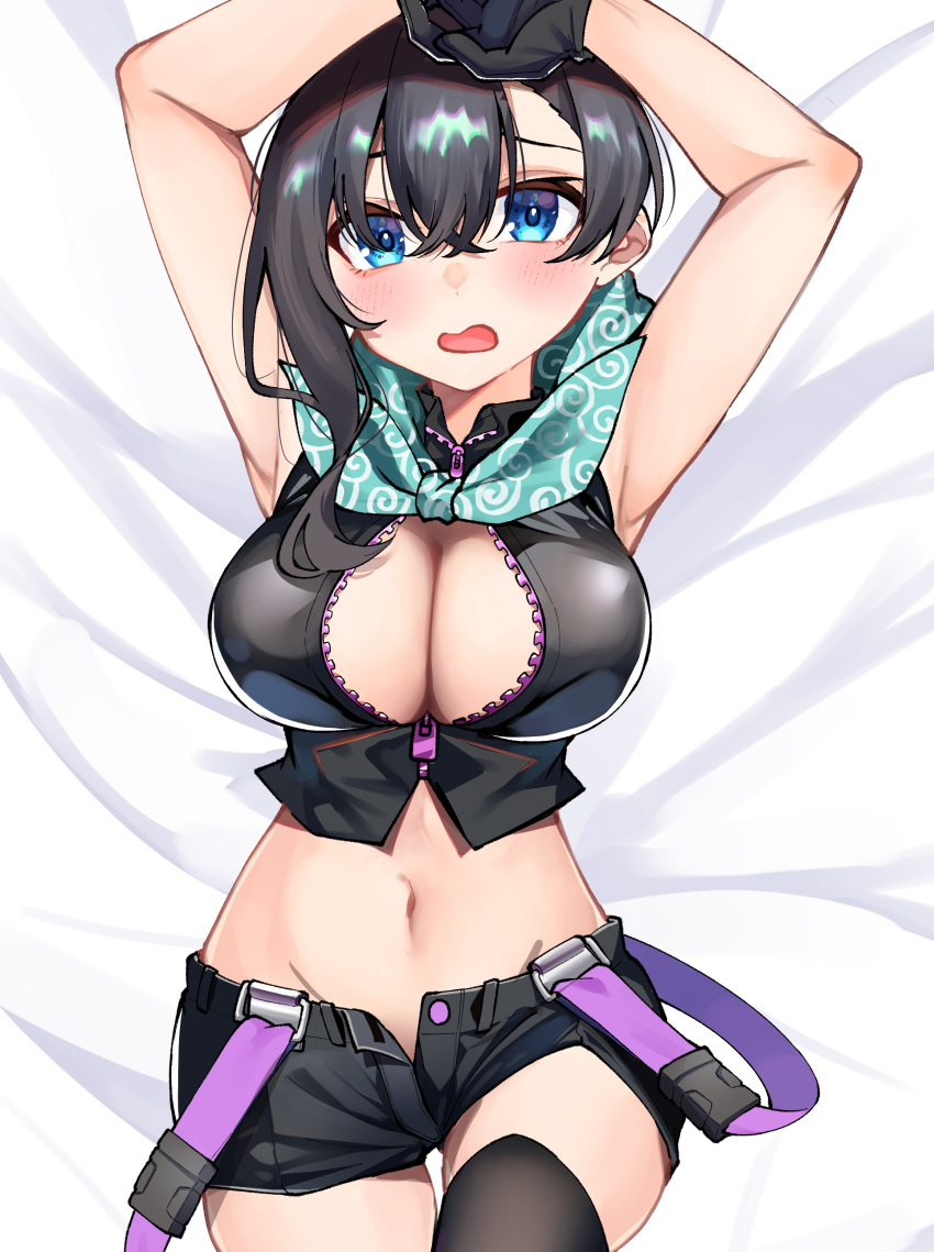 ;o absurdres armpits arms_up bandana bandana_around_neck black_gloves black_hair black_shirt black_shorts black_thighhighs blue_eyes blush breasts breasts_day cleavage cowboy_shot crop_top crossed_bangs dorobou-chan female gloves good_breasts_day green_bandana hair_between_eyes hashtag-only_commentary highres hitotose_hirune large_breasts looking_at_viewer lying midriff navel nemukata_(dorobou-chan) on_back one_eye_closed open_fly open_mouth partially_unzipped shirt short_shorts shorts sleeveless sleeveless_shirt solo spiral_print stomach suspenders_hanging thighhighs