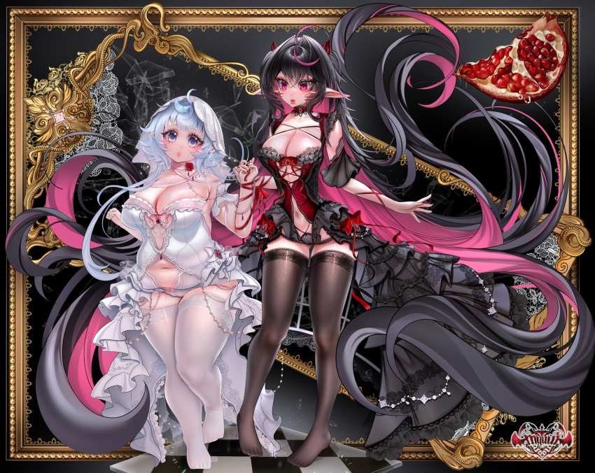 2girls absurdly_long_hair artist_logo belly black_background black_dress black_hair black_panties black_thighhighs blue_hair blue_nails bound_together breasts cleavage collarbone colored_inner_hair dress english_commentary fat floating_hair flower food fruit head_tilt highres horns large_breasts logo long_hair long_pointy_ears looking_at_viewer looking_down medium_breasts multicolored_hair multiple_girls myuutew navel open_mouth original panties parted_lips picture_frame pink_lips pointy_ears pomegranate purple_eyes red_eyes red_flower red_nails red_ribbon red_rose ribbon rose thick_thighs thighhighs thighs underwear veil very_long_hair white_dress white_thighhighs white_veil