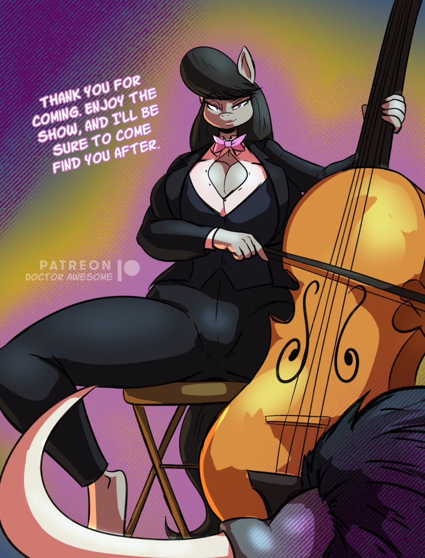 2024 5_fingers abstract_background anthro anthrofied artist_name big_breasts black_mane black_tail black_tie_(suit) bovid bovine bow_tie bowed_string_instrument breasts cleavage_cutout clothing curvy_figure cutout dialogue digital_drawing_(artwork) digital_media_(artwork) double_bass earth_pony english_text equid equine european_mythology eyelashes female fingers flirting friendship_is_magic fur greek_mythology grey_body grey_fur hasbro hi_res horn horse huge_breasts long_mane long_tail mammal mane minotaur musical_instrument my_little_pony mythology octavia_(mlp) patreon patreon_logo pony purple_eyes sitting smile solo spread_legs spreading string_instrument suit tail text thebigbadwolf01 thick_thighs voluptuous voluptuous_anthro voluptuous_female watermark