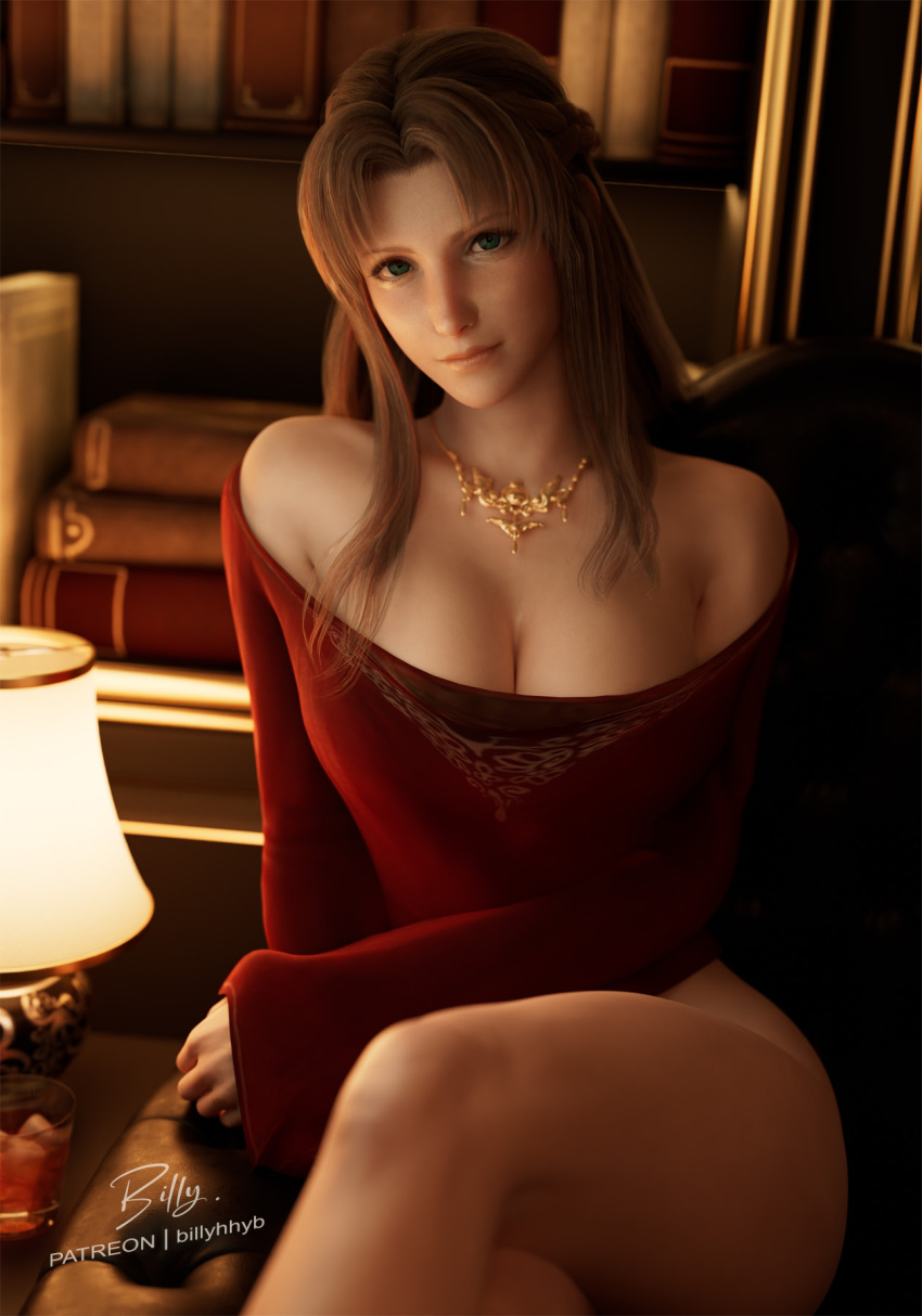 billyhhyb breasts cleavage crossed_legs drink female final_fantasy final_fantasy_vii final_fantasy_vii_remake gold_necklace highres ifalna jewelry lamp large_breasts long_hair looking_at_viewer loose_clothes loose_shirt necklace patreon_username red_shirt shirt thighs